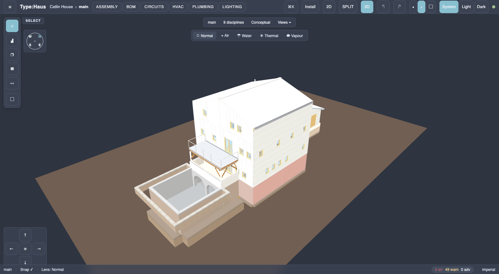 Shaded 3D view of the same house sitting on its site, with the walkout basement, porch railing and roof planes visible.