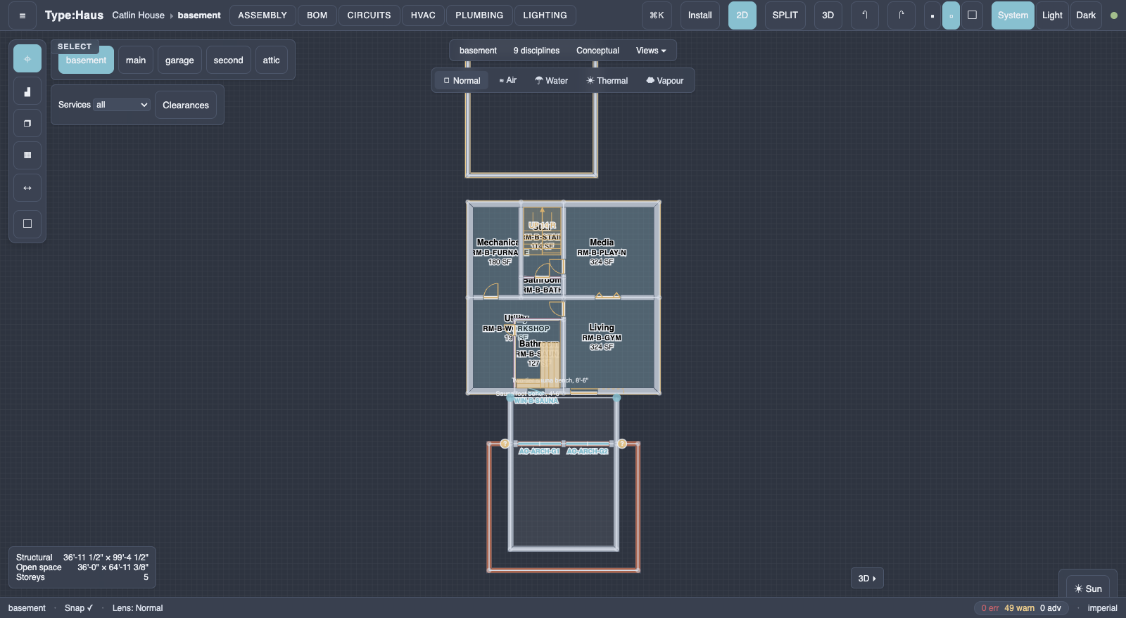 Basement floor plan in the Type:Haus editor showing labelled rooms with square footages, a stair run, plumbing and mechanical fixtures, and the sunken garden retaining walls.