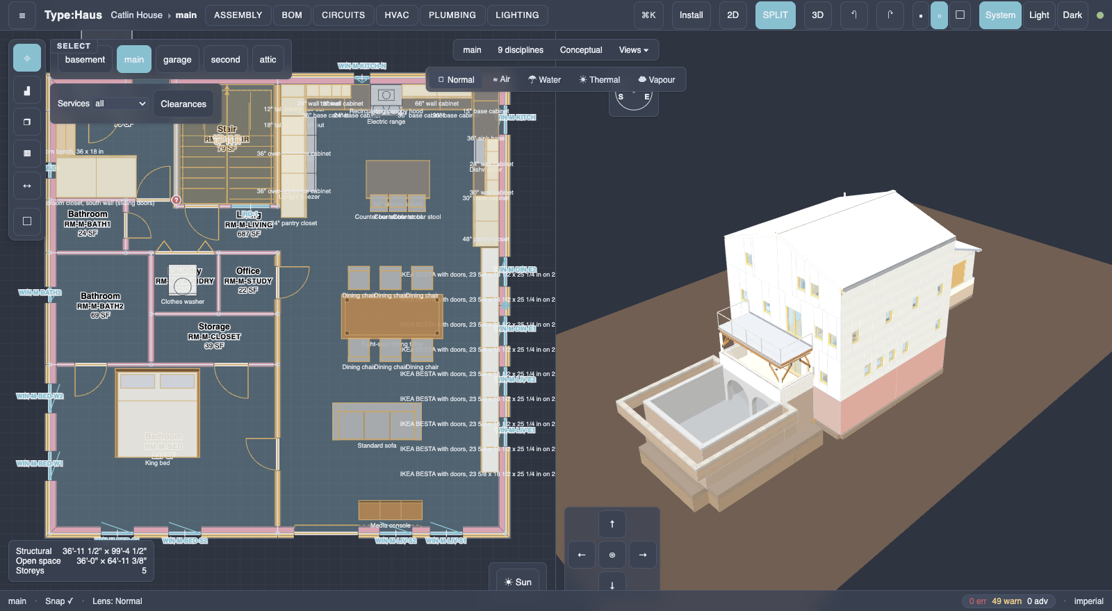 The Type:Haus editor: a dimensioned 2D floor plan with resolved stud framing, rooms and furniture on the left, and a shaded 3D model of the same house on its site on the right.